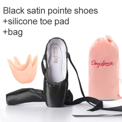 Black Satin Ballet Pointe Shoes Ladies Professional Ballet Shoes Girls Women Ballerina Shoes With Ribbons