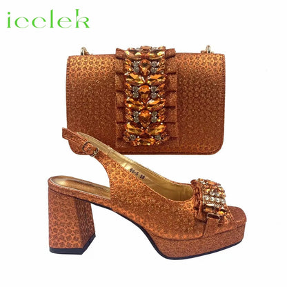 2026 Shiny Italian Fashion Pointed Toe Women Heel Fashion Rhinestone Decoration Silver Color Shoes And Bag Set