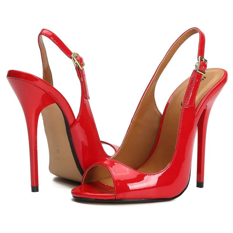 Peep Toe Summer Sandals Women Shoes 2025 Elegant Large Size Black Red High Heels 13cm Mules Sling Sexy Wedding Party Shoes Lady