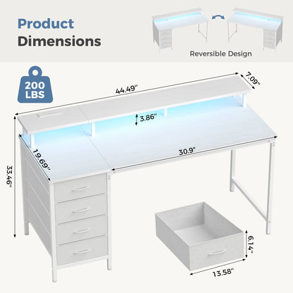 JHK 40In to 47In Gaming Computer Desk with 4 Storage Drawers Wood Office Desks with Power Outlets and LED Lights for Home Office