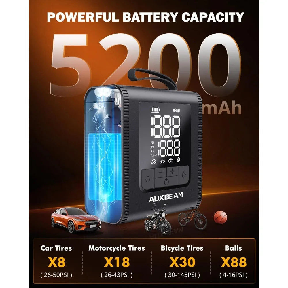 AUXBEAM H4Pro Tire Inflator Portable Air Compressor,150PSI 2 in 1 Rechargeable 5200mAh Car Tire Inflator Portable 4 Preset