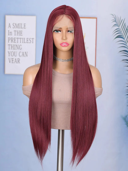 24 Inch Straight Lace Front Chemical Fiber Wigs Black Color Synthetic Straight Hair Wigs For Daily Party Cosplay Wear