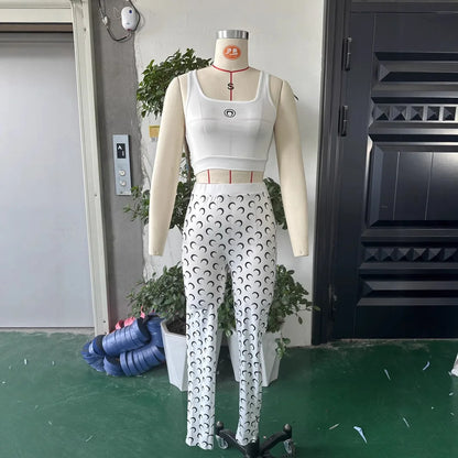 Sexy Women Two Piece Set Slim Fit Vest Pants Y2K Fashion High Street Retro Crescent Print Matching Outfit