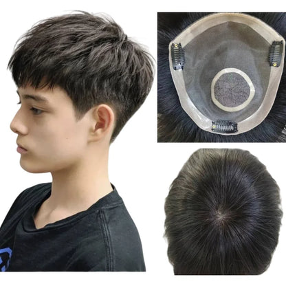 Men Toupee 100% Human Hair Mono Base 6 Inch Length PU Perimeter Lace Interior With Clips Fully Ventilated Natural Black Wig