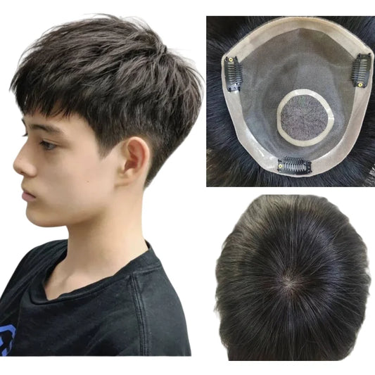 Men Toupee 100% Human Hair Mono Base 6 Inch Length PU Perimeter Lace Interior With Clips Fully Ventilated Natural Black Wig