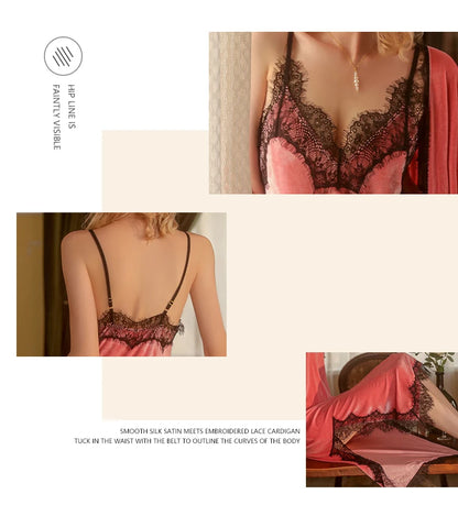 REBEYULI Brand Sexy Sleepwear Women 2026 Autumn Lace Sweet Solid Night Dress Long Soft Comfortable Velvet Robe Gown Sets Women