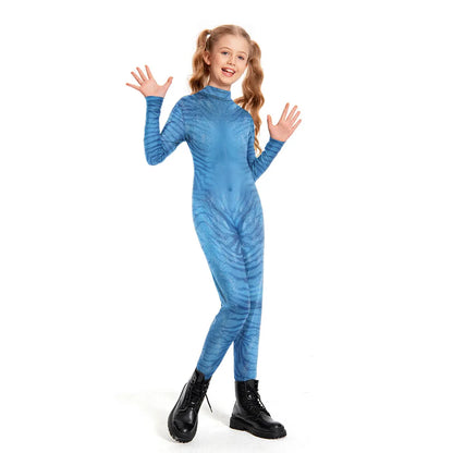Boy Girl Avatar Jumpsuits Halloween Cosplay Costume Carnival Stage Performance Movie Kids Avatar with Tail Zentai Bodysuits
