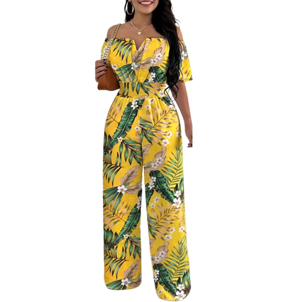 Summer New Women Sexy One Line Shoulder Solid Color Short Sleeve Jumpsuit Slim Elastic Waist Loose Straight Female Long Jumpsuit