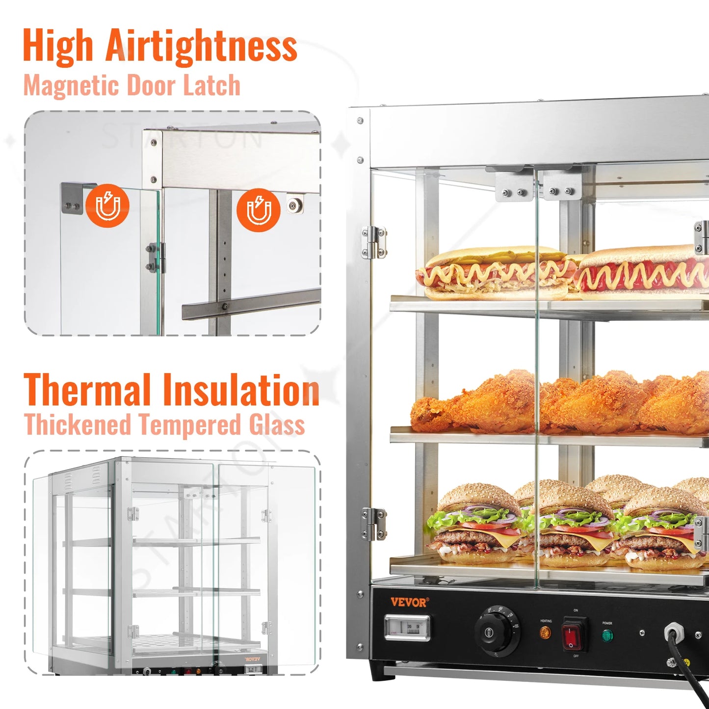 2/3 Tiers Countertop Food Warmer Commercial 3D Heating Pizza Pastry Warmer with Temp Knob Display Kitchen Appliance