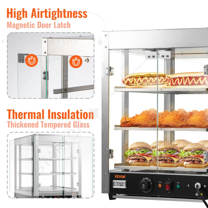 2/3 Tiers Countertop Food Warmer Commercial 3D Heating Pizza Pastry Warmer with Temp Knob Display Kitchen Appliance