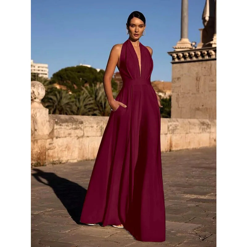 Elegant Women Corset Party Jumpsuit Y2K Sexy Halter Backless Loose Wide Leg Trousers Palazzo Pants Romper Celebrity One Pieces