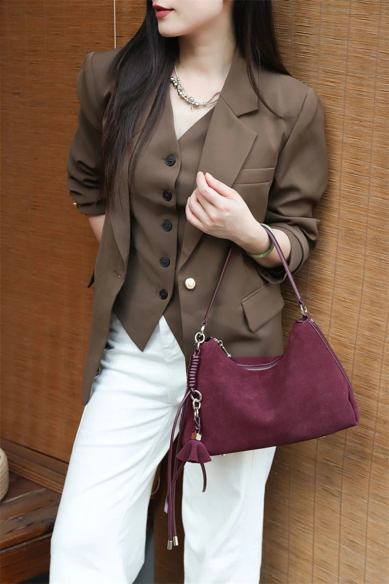 Hifashion Vintage Matte Suede Genuine Leather Underarm Shoulder Bags For Women 2025 Luxury Designer Hobo Tote Ladies Handbags