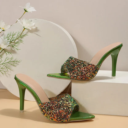 New Fashion Sequin Slip Flops 2024 Summer New Style Thin Heeled High Heeled Outwear Fashion Sandals Women's Shoes 9.5CM