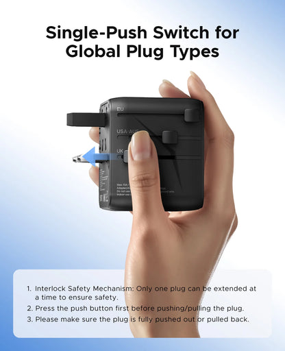 ORICO Universal Travel Adapter Worldwide All-in-One 20W GaN with AC Outlet USB A Type C Dual 10A Fuses Fast Charging EU US UK AU