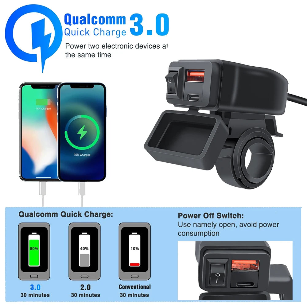 60W QC3.0+PD Motorcycle USB Charger Handlebar Power Adapter with Digital Voltmeter Thermometer Rear Switch Fast Charging Socket