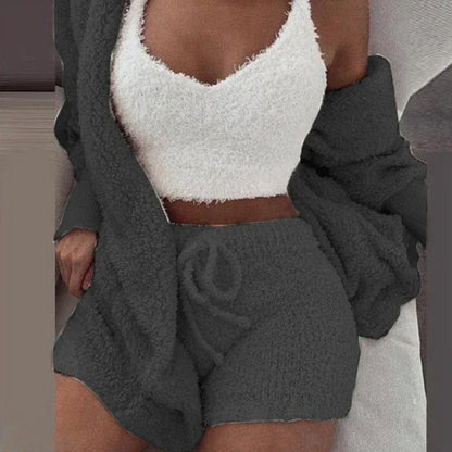 2026 New Women's Velvet Pajamas Set Sexy Crop Top+Shorts+Coat 3 Pieces Suit Sleepwear Casual Soft Clothes Homewear Pyjamas S-3XL