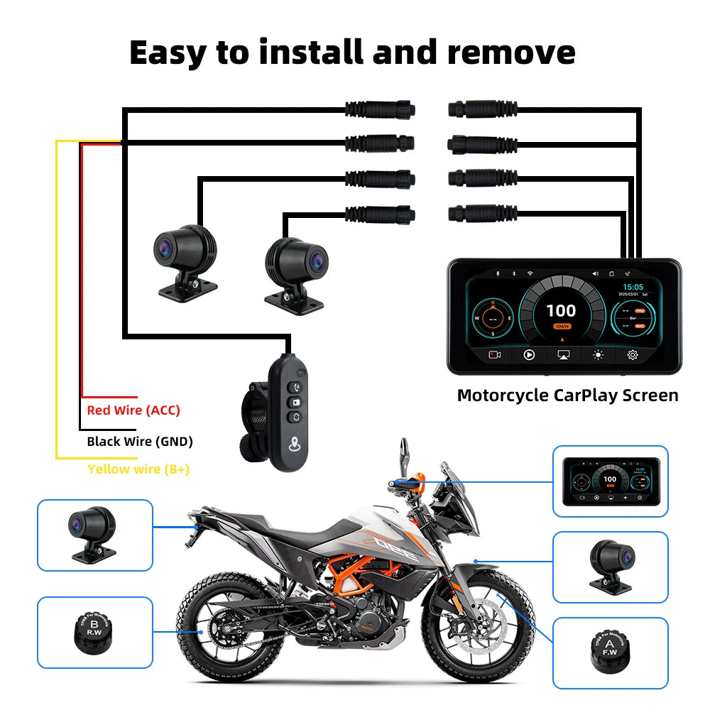 EKIY 6.25" Wireless CarPlay Moto Android Auto Portable Digital Dashboard GPS Motorcycle Navigation Display Screen TPMS Monitor