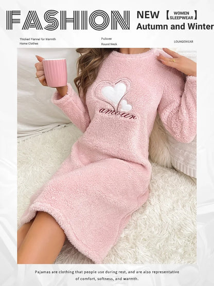 Women Nightgown Nightdress Winter Plush Sleepwear Dress Soft Comfort Long Sleeve Pajama Thicken Flannel Nightwear Home Clothing