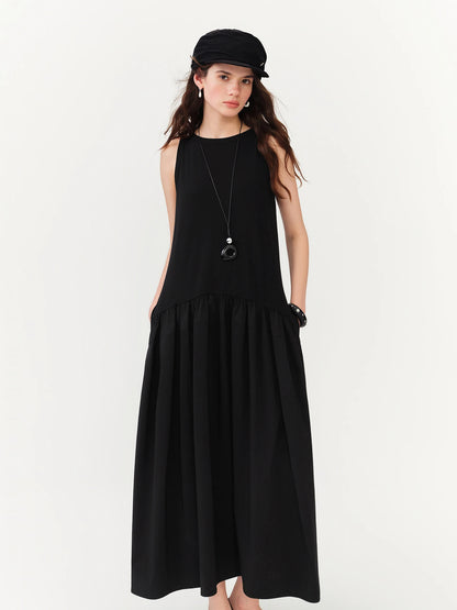 FSLE Women's Minimalist Commute Sleeveless Crew Neck Slim Fit Tank Dress 2026 Summer New Arrival Elegant Black Long Daily Dress