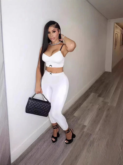 Black Tank Top Set Women Two Piece Pants Moon Print Ins High Street Summer Sexy Slim Fit Versatile Outerwear
