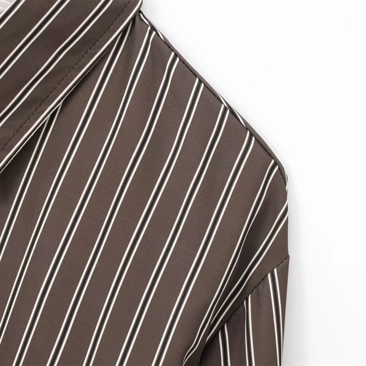 EDSA Women Brown Batwing Stripe Shirt Long Sleeves with Cuffs Patch Pockets Button-up Front for Office Lady Blouse
