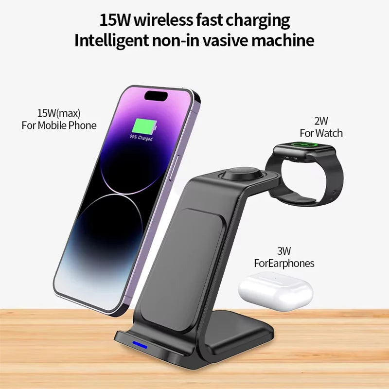 3 In 1 Magnetic Wireless Charger Stand For iPhone 16 15 14 13 Pro Max Apple Watch 9 8 AirPods Fast Charging For Samsung Xiaomi
