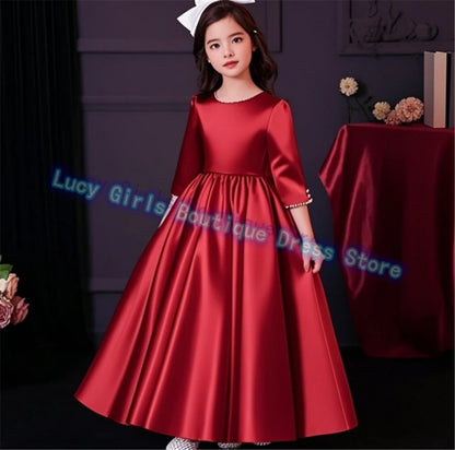 Lovely White Satin Flower Girl Dress for Wedding Dresses Little Princess Bow Kids Birthday Party Evening Customise Gowns