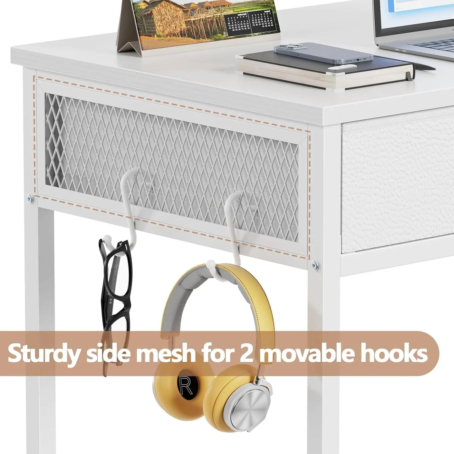 White Small Computer Desk with 2 Fabric Drawers, 34 Inch Home Office Writing Vanity Study Table for Adults Students