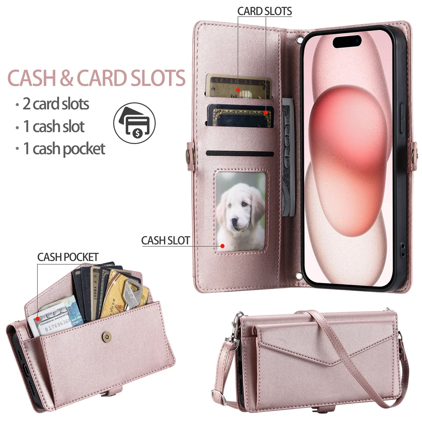 Crossbody Leather Wallet Case For iPhone17 16 Pro Air 16E 15 14 13 12 11 Pro Max XS XR SE 8 7 Card Solt Pocket Shoulder Cover