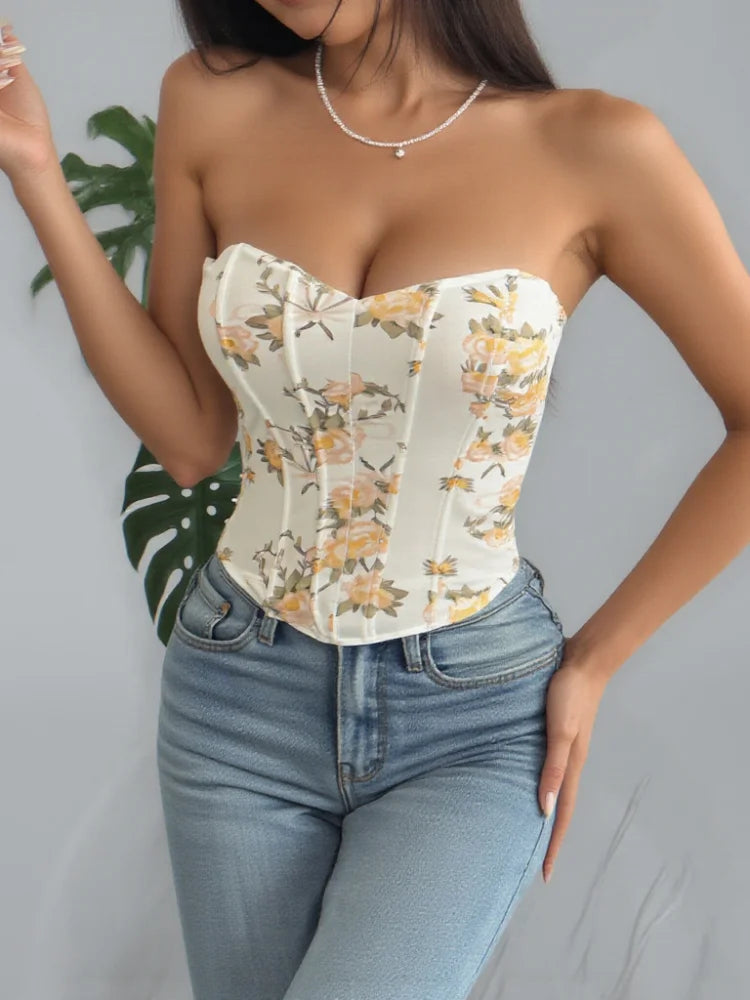 Yellow Flora Printed Corset Top Women Sexy Sleeveless Fishbone Bodycon Spaghetti Strap Lace Up Tops 2026 Lady Summer Party Vest