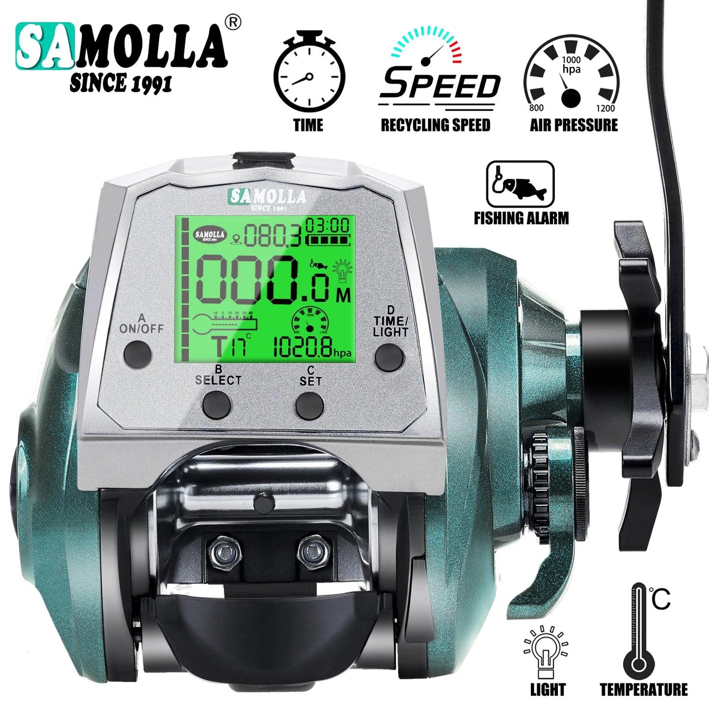 SAMOLLA New Large Electronic Fishing Reel Usb charging Large Display Screen Temperature/Air Pressure Sea Boat Baitcasting Reel