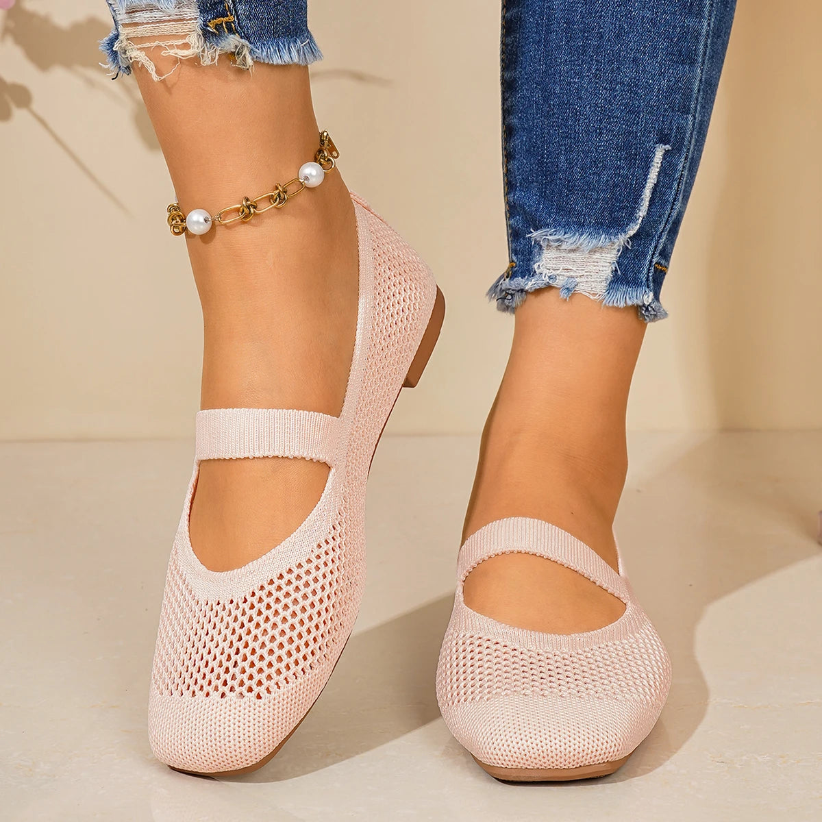 Women Flats Shoes Slip on Foldable Loafers for Women Square Toe Single Shoes Hollow Out Fashion Mom Casual Shoes for Ladies