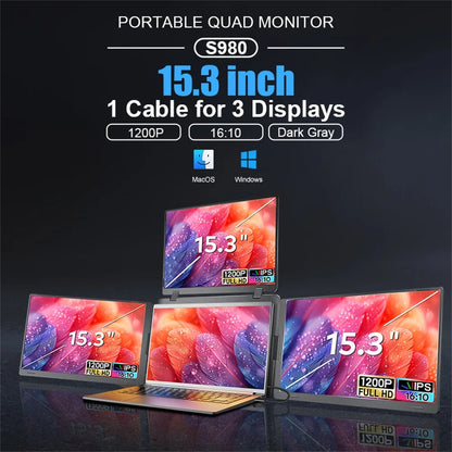 Rospider 15 inch Triple Screen Extender for Laptop HD IPS Quad Display MacBook Windows 12 to 16 inch Portable Extended Monitor