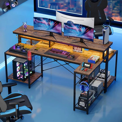 71.5 inch Computer Desk with Power Outlets, LED Large Home Office Desk with Monitor Stand, L Shaped Corner Desk, Customized