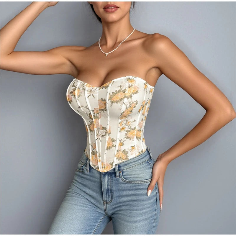 Yellow Flora Printed Corset Top Women Sexy Sleeveless Fishbone Bodycon Spaghetti Strap Lace Up Tops 2026 Lady Summer Party Vest