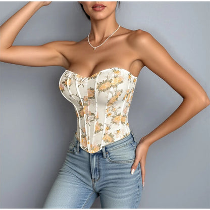 Yellow Flora Printed Corset Top Women Sexy Sleeveless Fishbone Bodycon Spaghetti Strap Lace Up Tops 2026 Lady Summer Party Vest