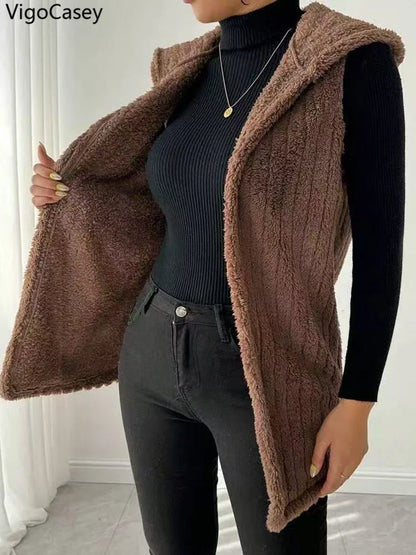 VigoCasey 2025 Autumn Winter Brown Long Thick Vest Coat Woman Sleeveless Plush Warm Waistcoat Lady Hooded Casual Vest Jacket