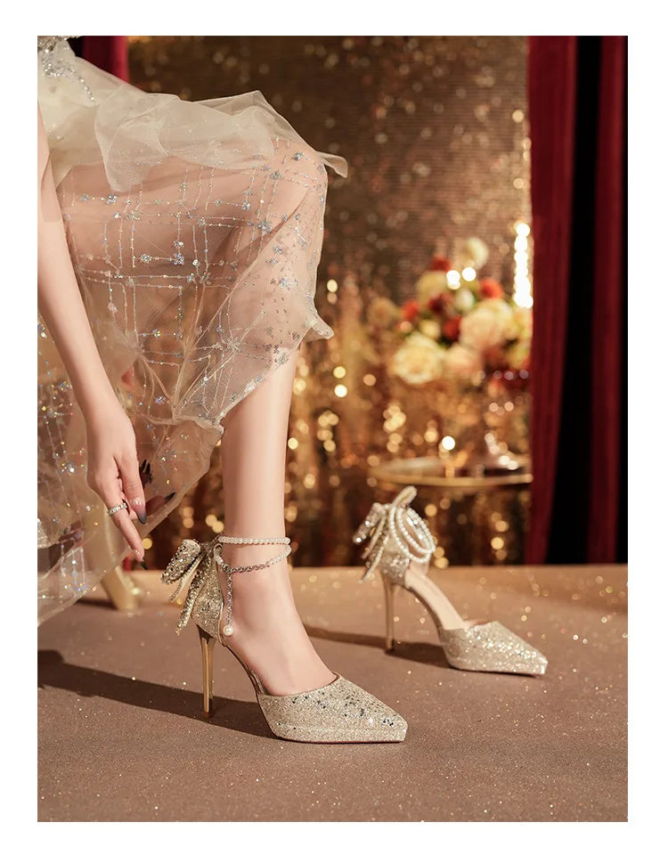 Shiny Glitter Bow Pearl Chain High Heels Wedding Banquet Dress Wedding Shoes Women's Shoes