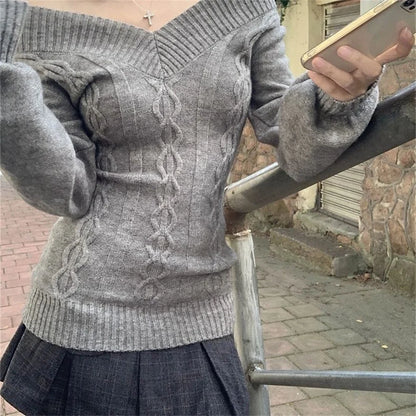 Fashion Vintage V-neck Knitted Tops Women 2025 Early Autumn New Sweaters Pullover Slim Long Sleeve Pullovers Sexy Gray Sweaters