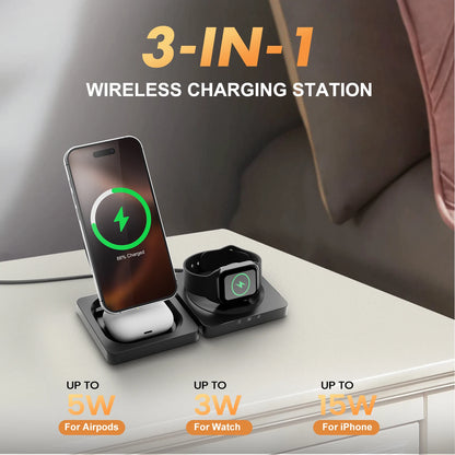 Magnetic Wireless Charger 3-in-1 Folding Fast Charging Station Foldable Travel for Magsafe  iPhone 17/16/15/14/13 Watch Airpods