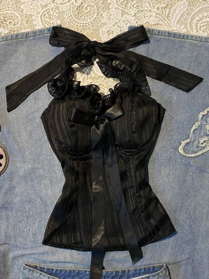French Pure Desire Sexy Lace-up Vest Women Bow Sling Millennium Sweet Spice Girl Y2k Tops New Retro Hot Chick Aesthetic Clothing