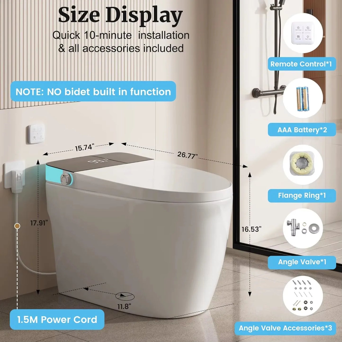 Smart Toilet Heated Seat Auto Flush & Soft-Close Lid Elongated One Piece Light
