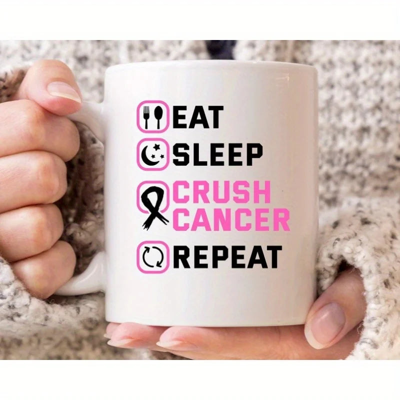 Eat Sleep Crush Cancer Repeat Mug - Breast Cancer Awareness Coffee Cup with Pink Ribbon Design, Microwave Safe & Hand Wash Only