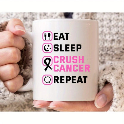Eat Sleep Crush Cancer Repeat Mug - Breast Cancer Awareness Coffee Cup with Pink Ribbon Design, Microwave Safe & Hand Wash Only