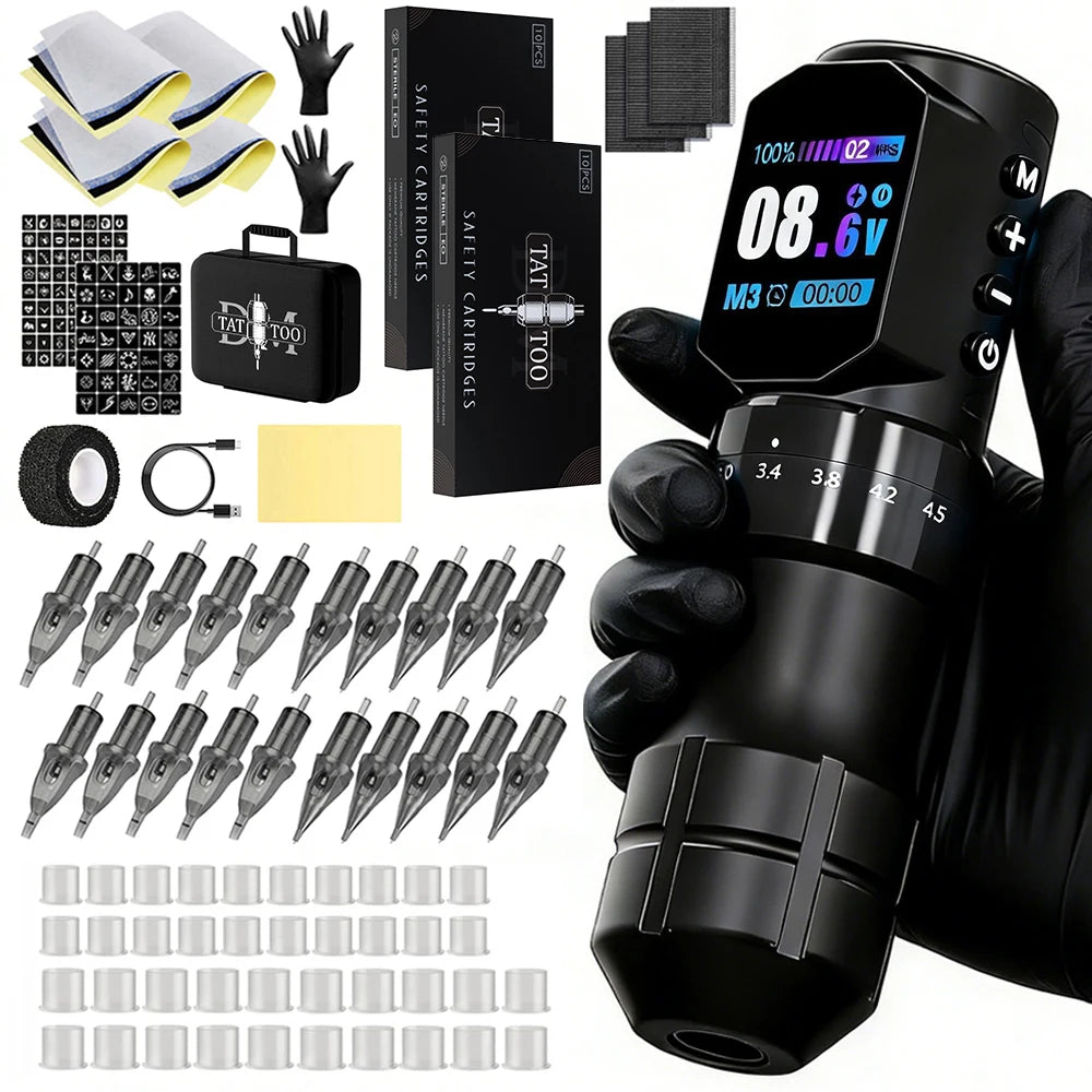 Tattoo Machine Kit Professional Adjustable Stroke Wireless Coreless Brushless Motor Tattoo Pen With Tattoo Ink Tattoo Blue Soap