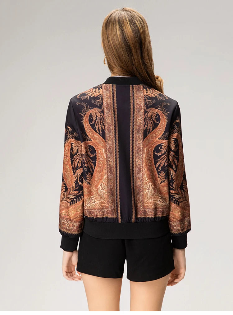 Luxury Rhinestone Stand Collar Bomber Jacket for Women, Vintage European Style Loose Fit Zip up Long Sleeve Spring Autumn Coat