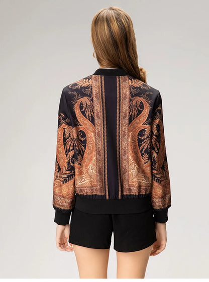 Luxury Rhinestone Stand Collar Bomber Jacket for Women, Vintage European Style Loose Fit Zip up Long Sleeve Spring Autumn Coat