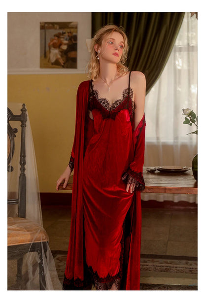 REBEYULI Brand Sexy Sleepwear Women 2026 Autumn Lace Sweet Solid Night Dress Long Soft Comfortable Velvet Robe Gown Sets Women