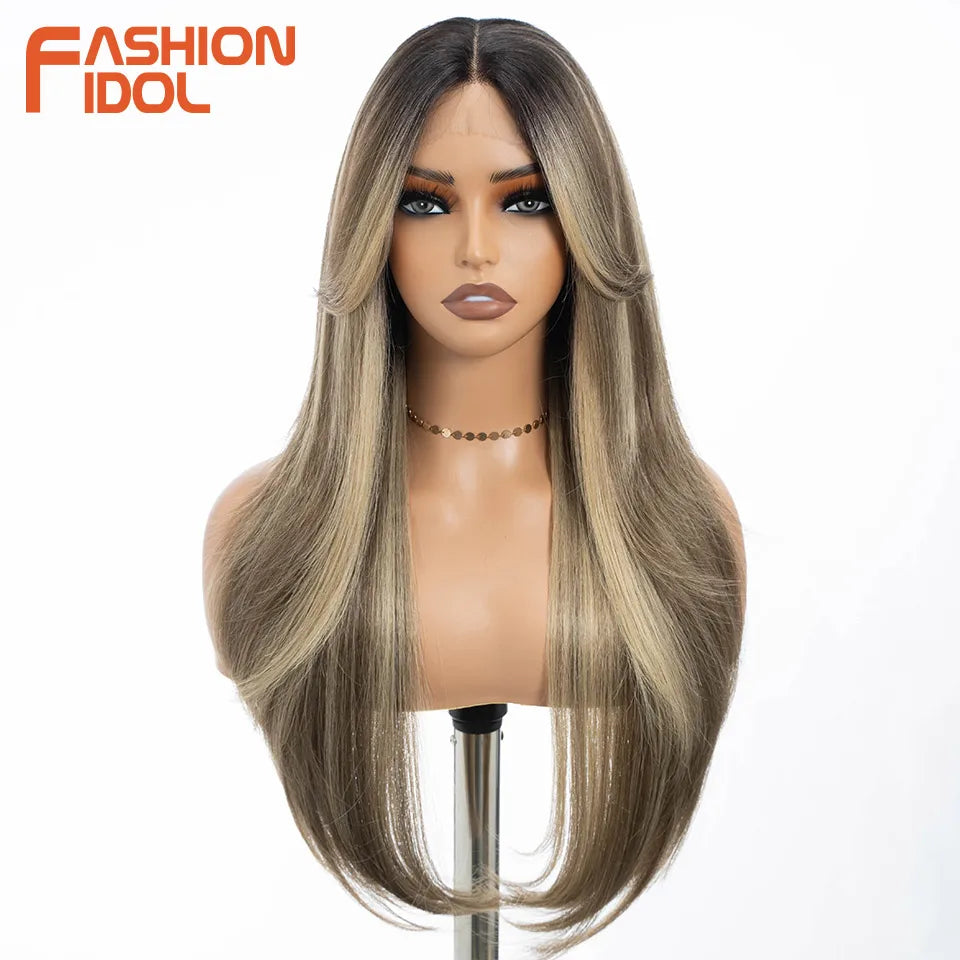 FASHION IDOL 26 Inch Long Straight Lace Front Wig With Bangs Synthetic Hair Ombre Black Blonde Highlight Cosplay Wigs For Women