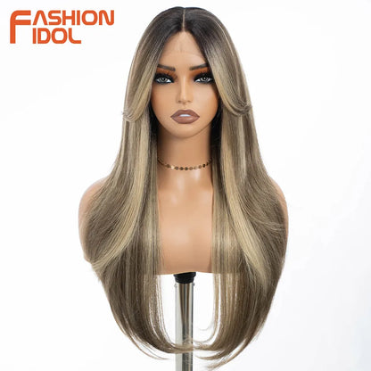 FASHION IDOL 26 Inch Long Straight Lace Front Wig With Bangs Synthetic Hair Ombre Black Blonde Highlight Cosplay Wigs For Women